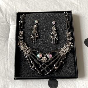Earring & Necklace set skeleton hands in gunmetal with iridescent gems EUC